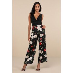 Lulus Lovely Sensation Black Floral Satin Wide-leg Trousers - Size M